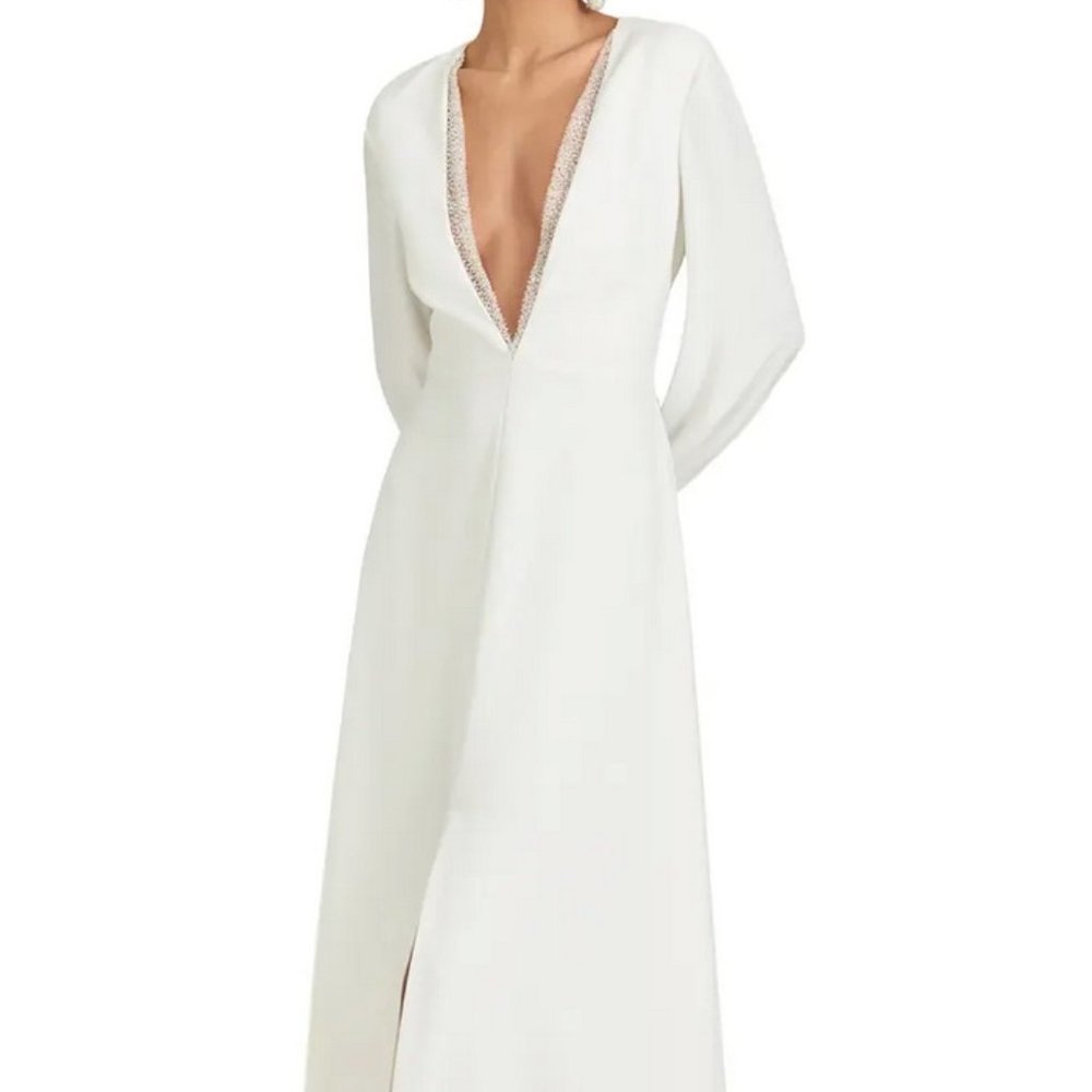 Sachin & Babi Off White Britt Crystal Plunge Neck Long Sleeve Gown size 6